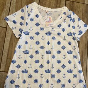 NWT LulaRoe Christy Hi-Low Top Size Large White/Blue Nautical Design